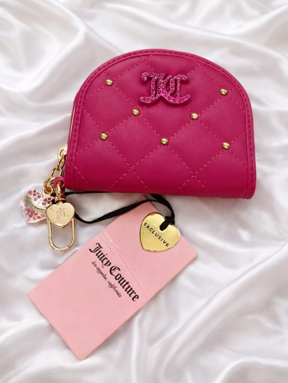 Juicy Couture Exclusive Hot Pink Quilted Coin & Card Holder with Gold Accents
